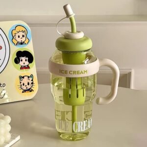 Approx 1300ML Large Capacity Cute Ice Cream Themed Water Bottle with Handle, Straw & Fruit Infuser – Leakproof Sipper for Kids & Adults