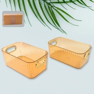 Premium Ribbed Transparent Storage Basket with Gold Handle – Multipurpose Kitchen & Home Organizer Box (25x14cm / 2 Pc)