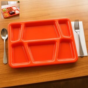 Plastic Multi-Compartment Rectangular Meal Serving Tray / Plate (1 Pc / Red)
