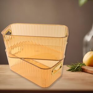 Premium Ribbed Transparent Storage Basket with Gold Handle – Multipurpose Kitchen & Home Organizer Box (25x14cm / 2 Pc)