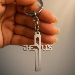 Elegant Metal Cross Keychain with Gujarati "Jesus" Script – Religious Faith Key Ring