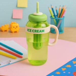 Approx 1300ML Large Capacity Cute Ice Cream Themed Water Bottle with Handle, Straw & Fruit Infuser – Leakproof Sipper for Kids & Adults