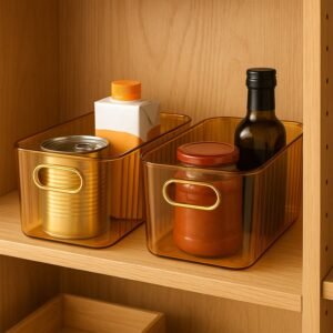 Premium Ribbed Transparent Storage Basket with Gold Handle – Multipurpose Kitchen & Home Organizer Box (25x14cm / 4 Pc)