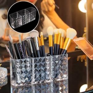 Elegant Crystal-Effect 3-Compartment Acrylic Makeup Brush Holder (1 Pc)