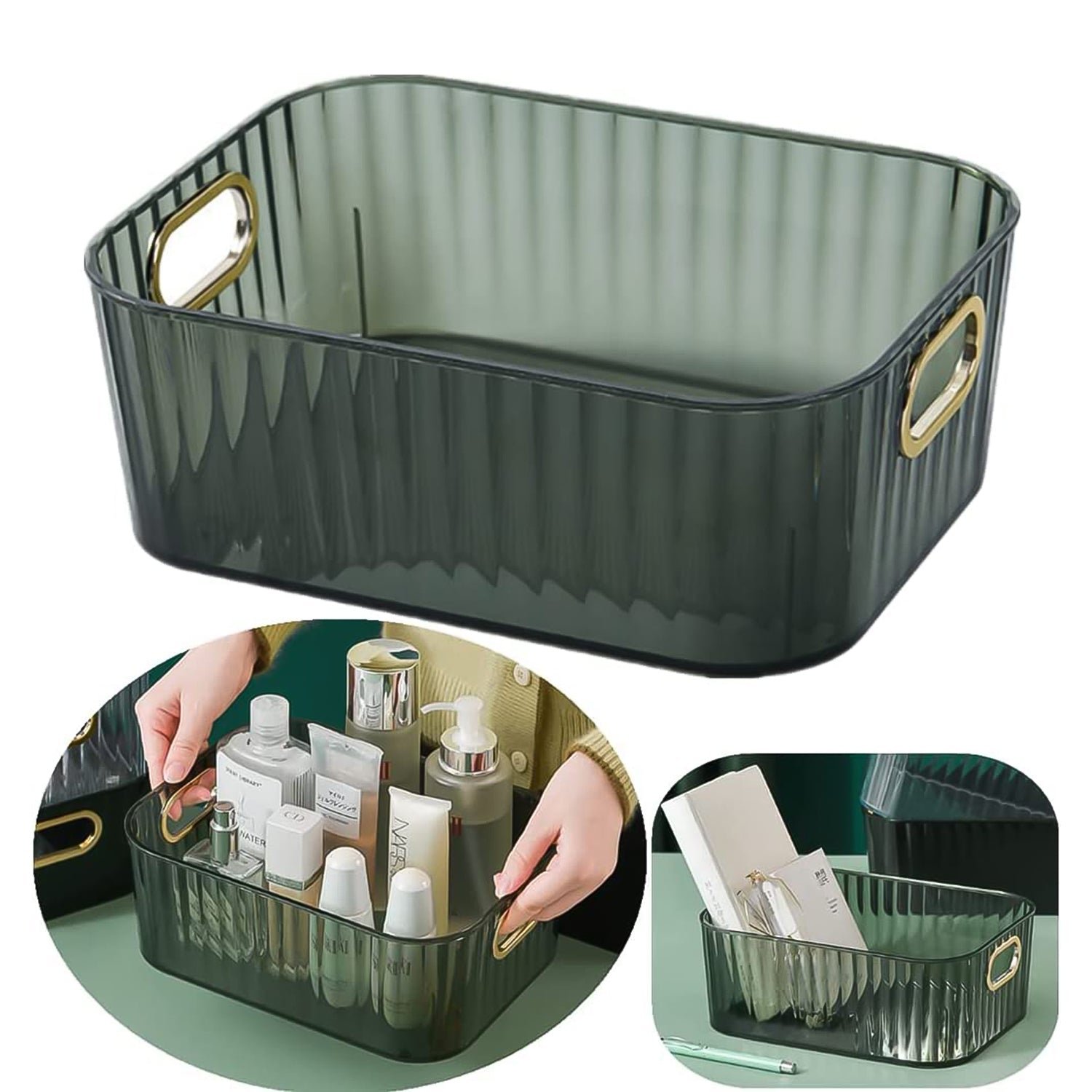 Premium Ribbed Transparent Storage Basket with Gold Handle – Multipurpose Kitchen & Home Organizer Box - Image 3
