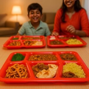 Plastic Multi-Compartment Rectangular Meal Serving Tray / Plate (1 Pc / Red)