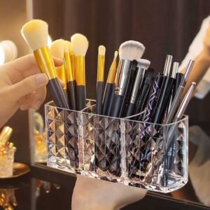 Elegant Crystal-Effect 3-Compartment Acrylic Makeup Brush Holder (1 Pc)