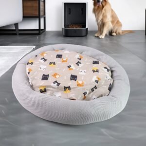 Round Soft Plush Cat Bed with Cartoon Cat Print Cushion  1 Pc