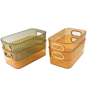 Premium Ribbed Transparent Storage Basket with Gold Handle – Multipurpose Kitchen & Home Organizer Box (25x14cm / 4 Pc)