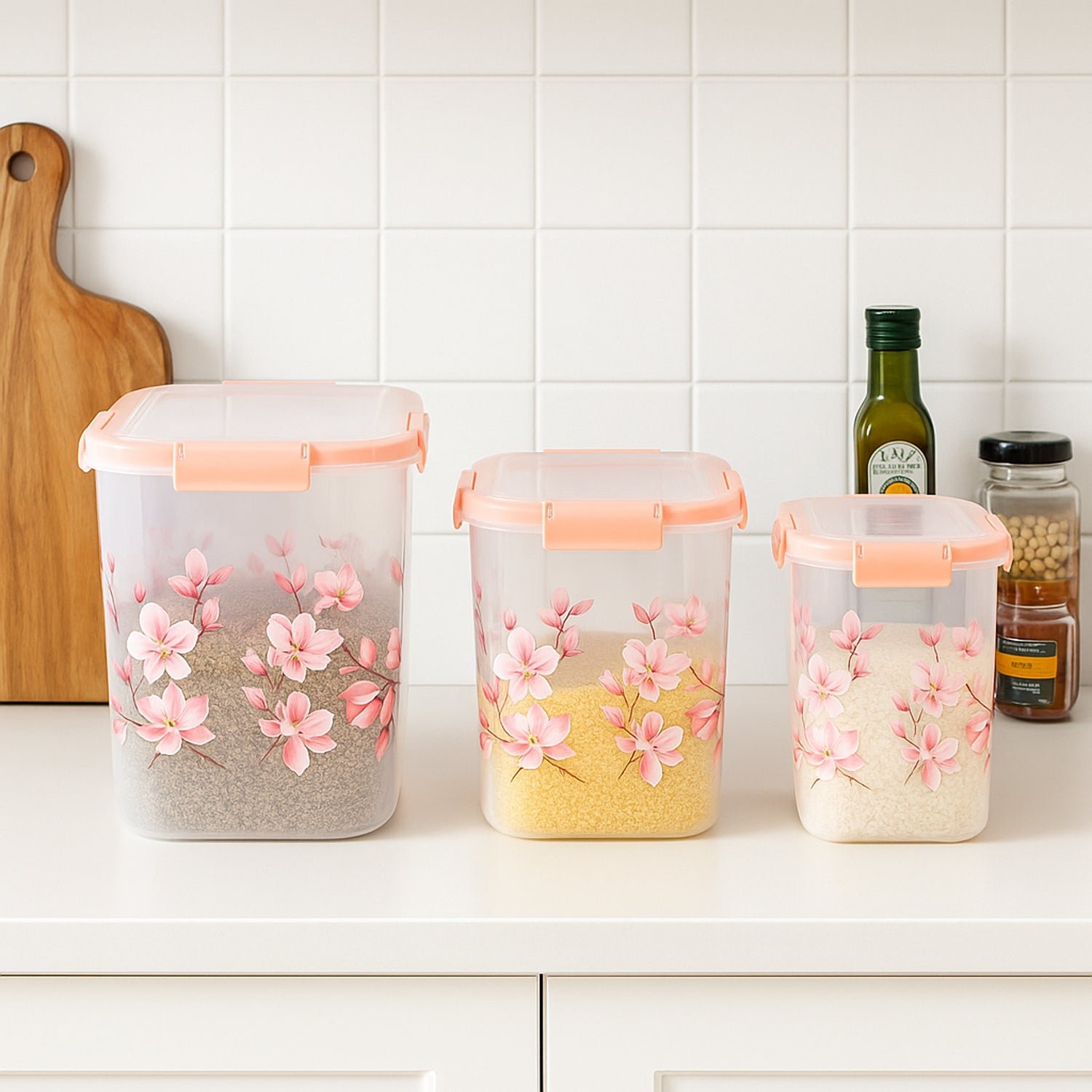 Square 3 Pcs Floral Printed Airtight Storage Container Set – Approx 2.8 Ltr, 4.5 Ltr, 6.9 Ltr (3 Pcs Set) - Image 3