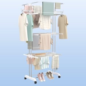 3-Tier Foldable Stainless Steel Cloth Drying Stand with Wheels
