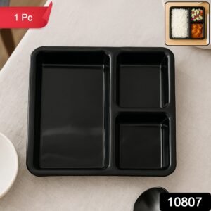 Plastic Multi-Compartment Meal Serving Tray – 3-Section Rectangular Dining Plate (1 Pc / Black)