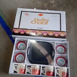 Healthy Choice Set Of 4pc Ceramic Cup And 4pc Glass Bowl With Plastic Plate (9 Pcs Set)