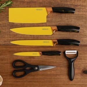 6 Pcs Professional Kitchen Knife Set with Chef Knives, Cleaver, Peeler & Scissors