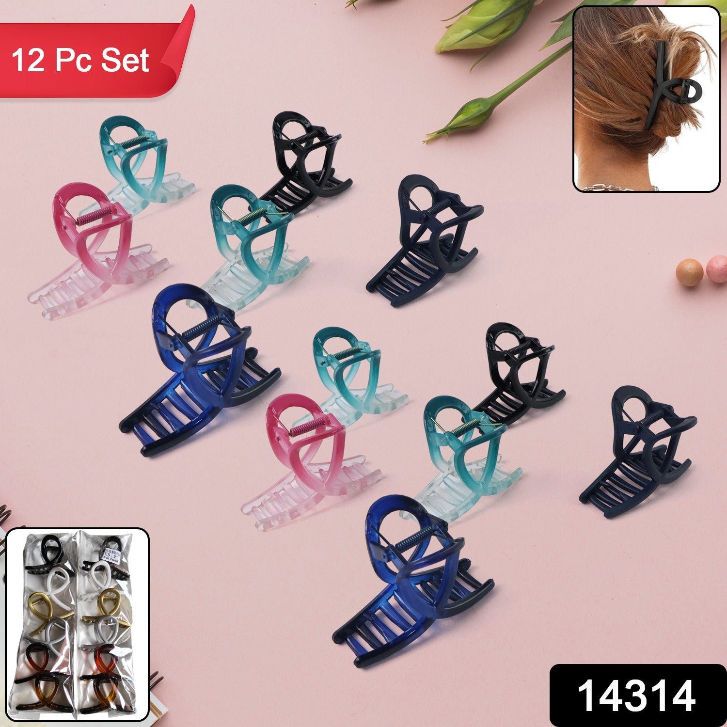Plastic Hair Clamp Grip, Simple Matte Hair Barrette Clamp (12 Pc / Mix Design) - Image 2