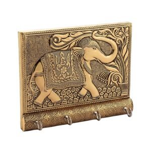 Wooden Key Holder for Home Decor Stylish Metal Gold Antique Elephant Design (1 Pc)