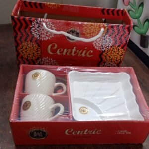Cerntric Ceramic Tea Cup With Plastic Square Shape Serving Platter Milk Cup 3pc Set