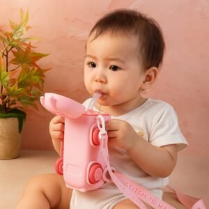 Bus Shaped Kids Water Bottle with Strap – 500ml Cute Cartoon Design With Sticker
