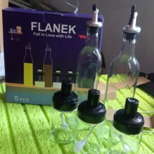 Transparent Glass Oil Dispenser 500 ML Bottle Set of 2, Spice Jar 250 ML Set of 3, Oil Bottle for Kitchen, Oil & Vinegar Storage Glass Bottle, Glass Container for Spice, Masala (5 Pcs Set)